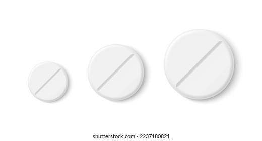 Vector 3d Realistic Round White Pharmaceutical Medical Pill, Capsule, Tablet Icon Set Isolated on White Background. Top View. Medical Concept