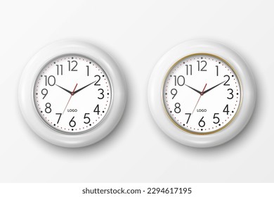 Vector 3d Realistic Round White Wall Office Clock Icon Set Closeup Isolated on White Background. Wooden Watches, Design Template, Mock-up for Branding, Advertise. Front View