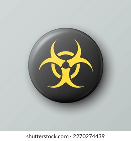 Vector 3d Aviso Realista Ronda Amarillo y Negro, Peligro Biopeligro, Símbolo Nuclear Bioweapon Aislado. Signo de advertencia radiactiva, insignia, botón. Plantilla de diseño. Vista frontal superior