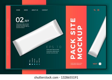 Vector 3d realistic sachet on bright modern site template with typographic background. Mock-up landing page for product package branding.