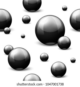 Vector 3D realistic seamless pattern with black marble balls, laying on the surface, isolated on white background.