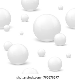 Vector 3D realistic seamless pattern with white marble balls, laying on the surface, isolated on white background.