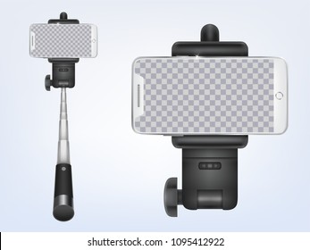 Vector 3d realistic selfiestick with smartphone. Transparent sreen of device for ad poster, banner. Monopod with phone, holder for photo, video. Aluminum camera stand for stability in perspective view