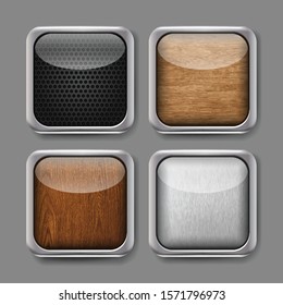 Vector 3d realistic set of app buttons. Icons with metal modern frame and wooden, metallic, carbon finish.