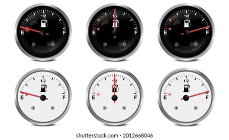 Vector 3d Realistic set Black and White Circle Gas Fuel Tank Gauge, Oil Level Bar Icon Set Isolated on White Background. Car Dashboard Details. Fuel Indicator, Gas Meter, Sensor. Design Template