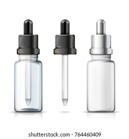 Vector 3d realistic set of bottles with dropper, silver and black caps, plastic and glass. Mock-up for product package branding.