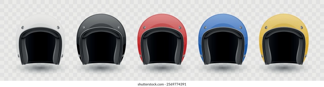 Vector 3D Realistic Set of Classic Vintage Open-Face Motorbike Helmets in Different Colors. Glossy Motorcycle Helmet Design Template for Mockup. Front View. Motorcycle Helmet Icon, Closeup, Isolated