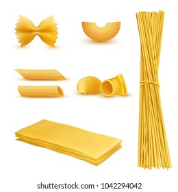 Vector 3d realistic set of dry macaroni in various shapes, pasta, lasagna, farfalle, spaghetti, rigatoni, penne isolated on background. Traditional italian cuisine, natural food rich in carbohydrates