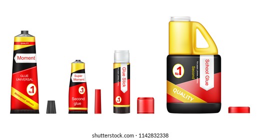Vector 3d realistic set of glue tubes with open lids, universal moment adhesive gel for repair and fast fixing, with brand information on labels, isolated on background. Mockup for package design