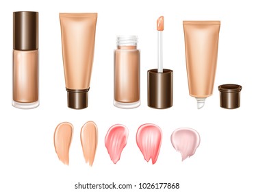 Vector 3d realistic set of lipsticks or foundation - liquid, cream, smears of product in pastel, glossy, bright colors. Tube,brush, container. Fashion template for advertising, promotion female makeup