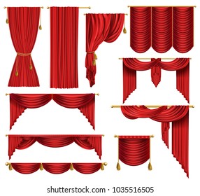Vector 3d realistic set of red luxury curtains, open and closed, with drapery and decorative cords and tassels isolated on background. Textile drape, decor elements for theater and cinema posters