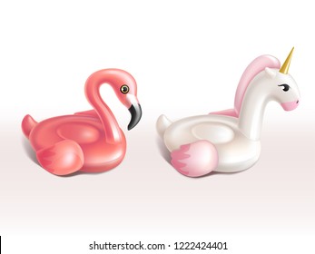 Vector 3d realistic set of swim rings - pink flamingo and white unicorn. Inflatable swimming equipment for summer pool, sea or ocean. Bright childish rubber stuff with shadows isolated on background.