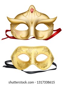 Vector 3d realistic set with Venetian face masks. Golden element for traditional Mardi Gras carnivals, holiday masquerade, costumed party dressing part illustration. Mystery, secret concept.