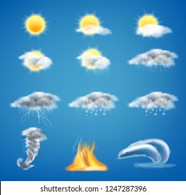 Vector 3d realistic set of weather forecast icons for web interfaces or mobile apps, isolated on blue background. Meteorology symbols clipart, sunny day, gray clouds with rain, tornado, tsunami