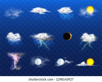 Vector 3d realistic set with weather forecast elements - white cloud, grey mist and other meteorology icons. Lighting, thunderstorm, eclipse objects isolated on transparent background. Metcast concept