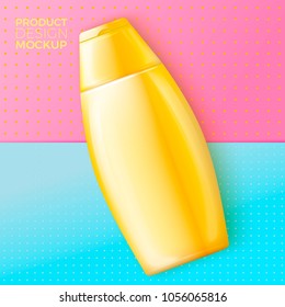 Vector 3d realistic shampoo bottle on bright modern paper background with slight texture. Mock-up for product package branding.