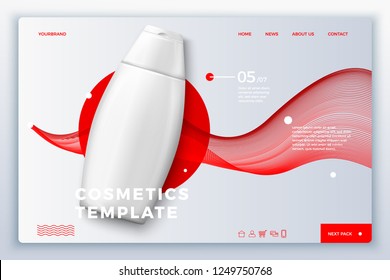 Vector 3d Realistic Shampoo Bottle On Modern Site Template With Typographic Background. Mock-up For Product Package Branding.