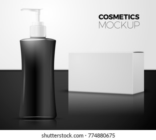 Vector 3d realistic shampoo bottle black with white box, on black and white background with reflections, modern minimalistic advertisement template. Mock-up for product package branding.