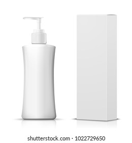 Vector 3d realistic shampoo pump bottle with paper box on white background with reflection. Mock-up for product package branding.