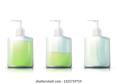 Vector 3d realistic shampoo pump bottle with liquid gel inside, isolated on white background. Mock-up for product package branding.