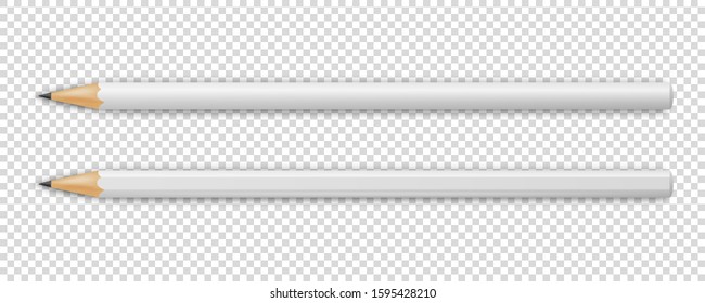 Vector 3d Realistic Sharpened White Wooden Pencil Icon Set Closeup Isolated on Transparent Background. Top View. Design Template, Mockup. Office, School Stationery, Creativity, Idea, Education Symbol