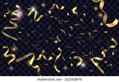 Vector 3d realistic shiny gold serpentine, confetti and stars on black transparent background. Happy New Year or Christmas. confetti rain. festive Glitter background.