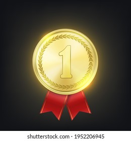 Vector 3d Realistic Shiny Golden Win Medal with Red Ribbon on Dark Background. Victory Concept. Glow First Place Badge Closeup on Black Background. Front or Top View