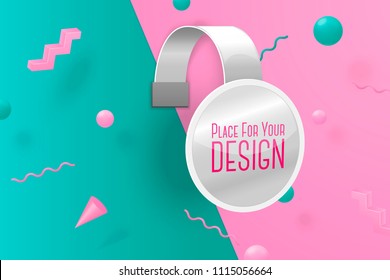 Vector 3d realistic shop wobbler abstract scene with text and border, violet, pink and white balls and objects.