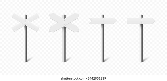 Vector 3D Realistic Sign Post Set. Realistic Blank Road Signboard. Plywood Pointer, Timber Design Template in Front View. Signpost for Pointing Direction, Navigation, Directional Concept