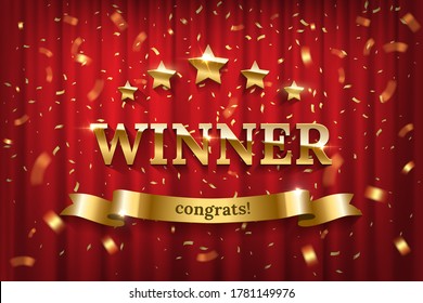 Vector 3D realistic sign Winner and Congrats, five stars on red curtain background. Spotlights illuminate inscription. Template mockup for congratulations, victory, success, achievement, leadership