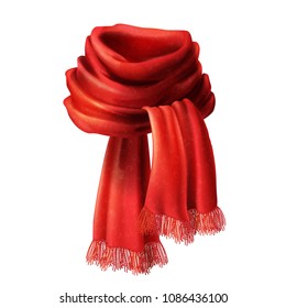 Vector 3d realistic silk red scarf. Knitted fabric cloth, alpaca wool for winter. Scarlet velvet textile, cashmere unisex knitwear isolated on white background