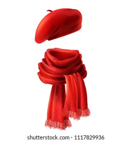 Vector 3d realistic silk red scarf and headwear - french hat, beret. Knitted fabric cloth, alpaca wool for winter. Scarlet velvet textile, cashmere unisex knitwear isolated on white background