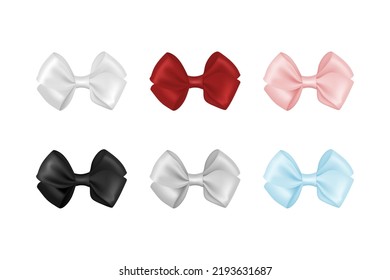 Vector 3d Realistic Silk, Satin Gift White, Red, Pink, Black, Gray, Blue Bow Icon Set Closeup Isolated. Vector Bows for Birthday, Christmas Presents, Gifts, Invitation, Cards. Holiday Decoration