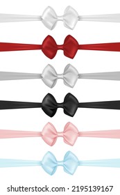 Vector 3d Realistic Silk, Satin Gift White, Red, Pink, Black, Gray, Blue Bow Icon Set Closeup Isolated. Vector Bows for Birthday, Christmas Presents, Gifts, Invitation, Cards. Holiday Decoration