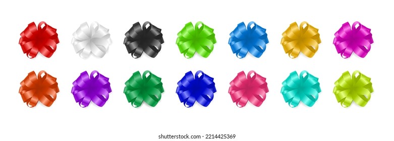 Vector 3d Realistic Silk, Satin Gift Bow of Different Colors Icon Set Closeup Isolated. Bow for Birthday, Christmas Presents, Gifts, Invitation, Card, Gift Box. Holiday Decoration