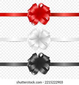 Vector 3d Realistic Silk, Satin Gift Bow of Different Colors Icon Set Closeup Isolated. Red, White, Black Bow for Birthday, Christmas Presents, Gifts, Invitation, Card, Gift Box. Holiday Decoration