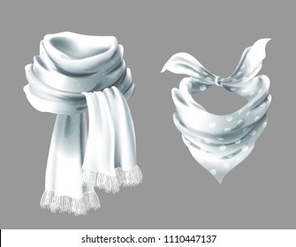Vector 3d realistic silk white scarf. Fabric cloth of dotted neckerchief. Gray in white peas bandana, outerwear of western cowboy. Unisex accessory isolated on background