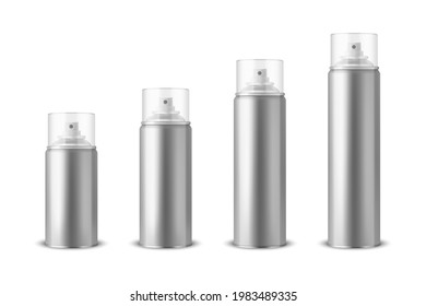 Vector 3d Realistic Silver Aluminum Blank Spray Can, Bottle, Transparent Lid Set Isolated. Small, Medium, Big Size. Design Template, Sprayer Can, Mock up, Package, Advertising, Hairspray, Deodorant