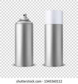 Vector 3d Realistic Silver Blank Spray Can, Bottle with Cap Closeup Isolated on Transparent Background. Design Template of Sprayer for Mock up, Package, Advertising, Hairspray, Deodorant etc