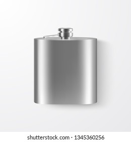 Vector 3d Realistic Silver Blank Stainless Steel Hip Flask Closeup Isolated on White Background. Design Template of Alcohol Travel Container for Mock up, Package, Advertising, Logo etc. Top View