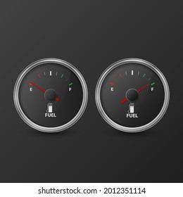Vector 3d Realistic Silver Circle Gas Fuel Gauge with Black Dial Icon Set Isolated on Black Background. Full and Empty. Car Dashboard Details. Fuel Indicator, Gas Meter, Sensor. Design Template