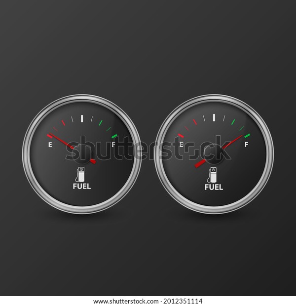 Vector 3d Realistic Silver Circle Gas Fuel Gauge\
with Black Dial Icon Set Isolated on Black Background. Full and\
Empty. Car Dashboard Details. Fuel Indicator, Gas Meter, Sensor.\
Design Template