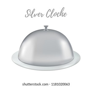 Vector 3d realistic silver cloche - restaurant dish with cup. Shining chrome of tray, metallic grey platter. Kitchen flatware to cover food.