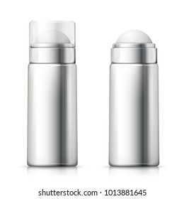 Vector 3d realistic silver deodorant bottles with plastic transparent cap, open and closed. Mock-up for product package branding.