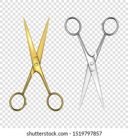 Vector 3d Realistic Silver and Gold Metal Opened Stationery Scissor Icon Set Closeup Isolated on Transparency Grid Background. Design Template of Classic Scissors for Graphics, Mockup. Top View