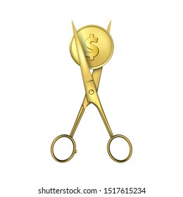 Vector 3d Realistic Silver Metal Dollar with Scissors utting a oin Icon Closeup Isolated on White Background. Sale Banner with Percent Discount, Exchange Currency Rate. Financial, Business Concept