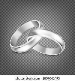 Vector 3d Realistic Silver Metal Wedding Ring Icon Set Closeup Isolated on Transparency Grid Background. Design Template of Shiny Golden Rings. Clipart, Mockup. Side, Front View