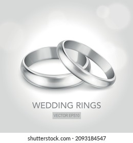 Vector 3d Realistic Silver Metal Wedding Ring Set Closeup. Design Template of Shiny Rings in the Shape of Heart. Wedding, Engagement, Love, Romantic, Jewelry Store Concept. Rings Clipart, Mockup