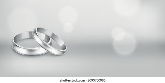 Vector 3d Realistic Silver Metal Wedding Ring Set Closeup. Design Template of Shiny Rings in the Shape of Heart. Wedding, Engagement, Love, Romantic, Jewelry Store Concept. Rings Clipart, Mockup