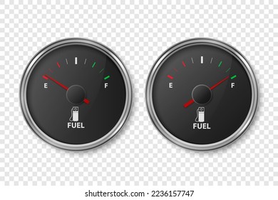 Vector 3d Realistic Silver Metallic Gas Fuel Tank Gauge, Oil Level Bar Set Isolated. Full and Empty. Car Dashboard Details. Fuel Indicator, Gas Meter, Sensor. Design Template